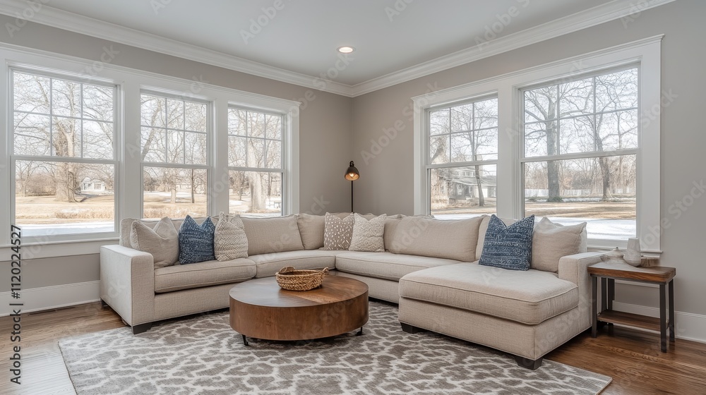Fototapeta premium Cozy living room with a sectional sofa, round coffee table, and large windows for natural light.