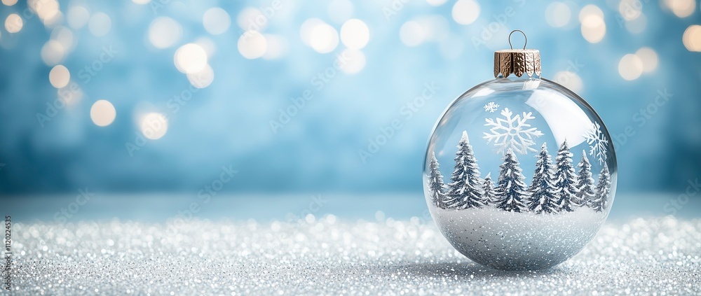 Xmas crystal bauble with evergreen trees and snowflakes inside with copy space for text, Christmas bauble banner image