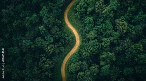 Aerial Photograph of Winding Dirt Path with Dense Shadowed Foliage