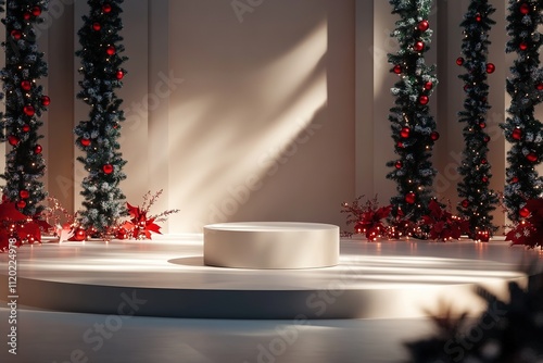 Minimalist Christmas stage design with red decorations and soft light