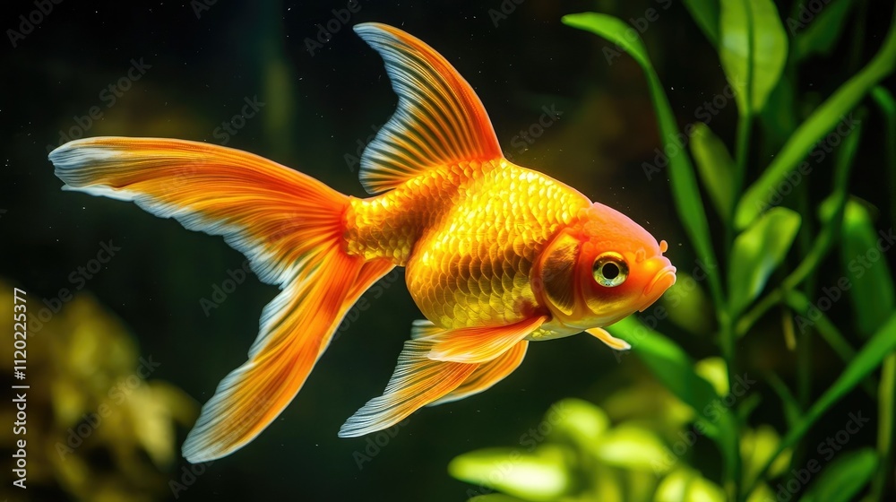 A goldfish swimming near the surface of a garden pond, its vivid colors contrasting with the dark water below. A goldfish swimming near the surface of a garden pond, its vivid colors contrasting with the dark water below.