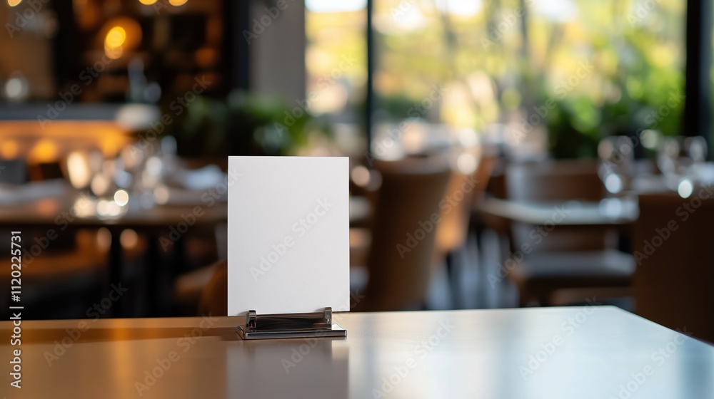 A blank white menu holder on the table in a restaurant, with a dark background A blank white menu holder on the table in a restaurant, with a dark background