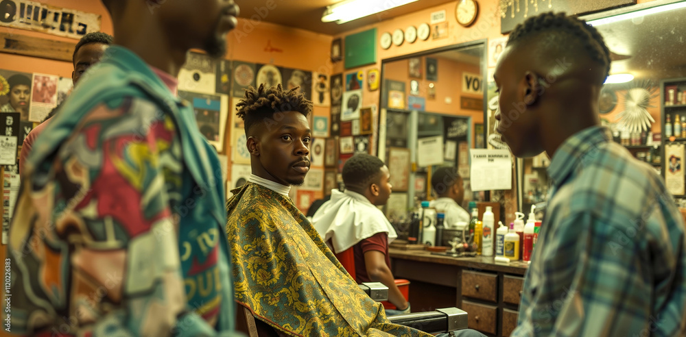A group of men sitting in a barber shop talking to each other A group of men sitting in a barber shop talking to each other