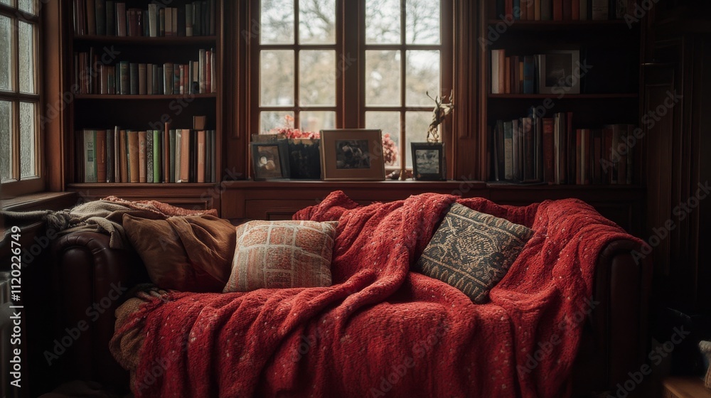 Fototapeta premium A cozy living room scene featuring a red blanket draped over a sofa, surrounded by books and natural light.