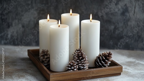 Four lit candles on wooden tray with pinecones photo