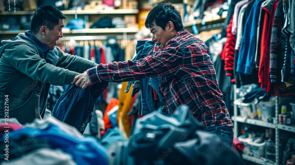 Two men in a clothing store looking at clothes