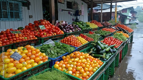 Colorful fresh produce displayed at an outdoor market stall on a rainy day. Various tomatoes, oranges, zucchini, eggplant, and other vegetables are neatly arranged in crates.