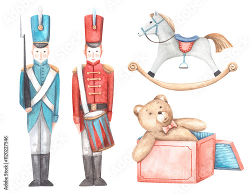 Christmas present boxe with teddy bear, wood rocking horse, tin soldier, drummer isolated on transparent background. Set of vintage children toys. Hand drawn watercolor clipart collection. 