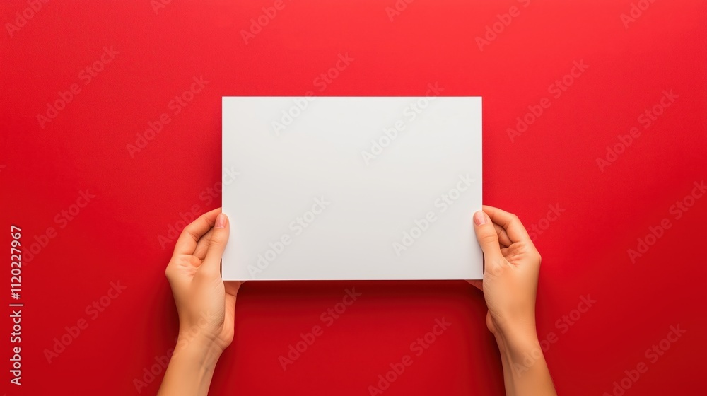 a hand holding an empty white card on a red background, top view a hand holding an empty white card on a red background, top view