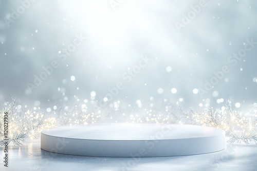 Winter podium with sparkling snowflakes and bokeh lights.