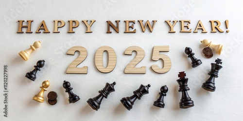 Celebrate the New Year with a Chess-Themed 2025 - A vibrant chess-inspired flat lay symbolizing the arrival of 2025, featuring chess pieces and festive lettering for Happy New Year. photo