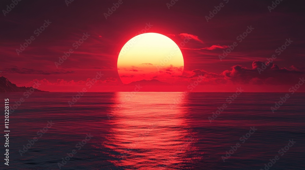 Red sunset over calm ocean with reflection. Red sunset over calm ocean with reflection.