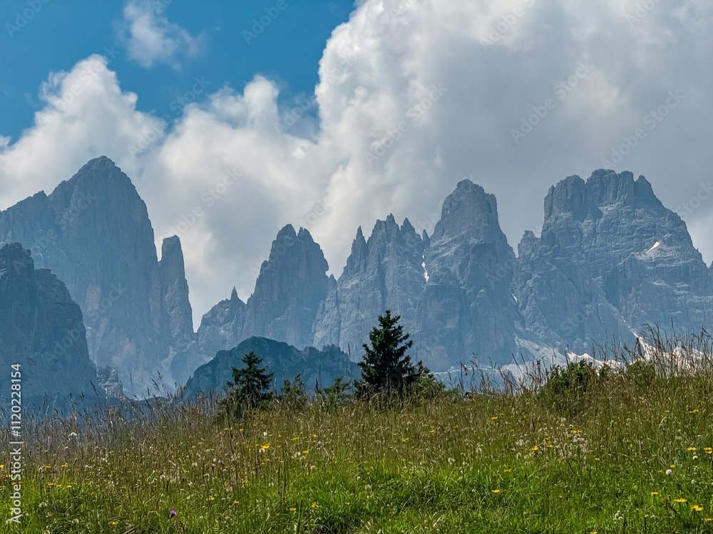 Hiking trail along alpine meadow with scenic view of cloud covered rugged mountain peaks of majestic Brenta Dolomites, Trentino, Italy. Wanderlust in wilderness of pristine Italian Alps in summer