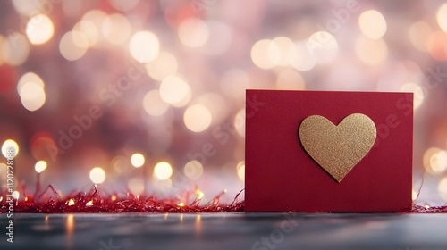Red Card with Gold Heart Festive Lights Background