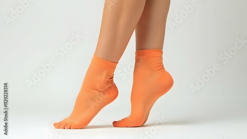 Women's legs in orange socks on a white background. Close-up