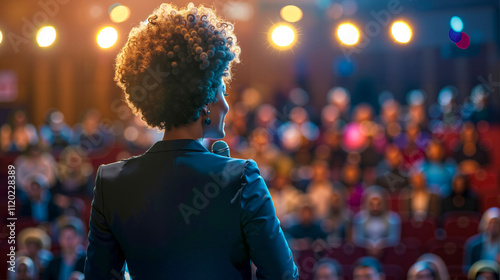 A woman standing in front of an audience holding a microphone