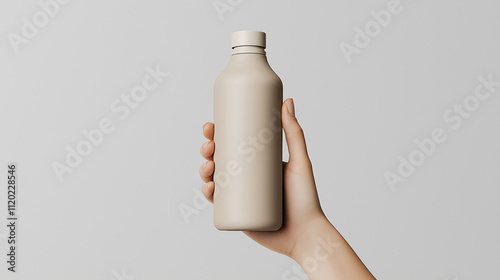 Bottle in Hand Mockup  in a neutral setting showcasing modern design and minimalistic aesthetics photo