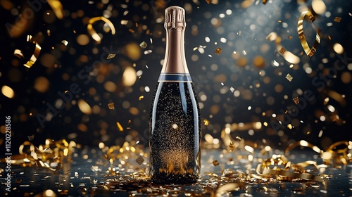 Champagne bottle with confetti, celebration theme, festive mood photo