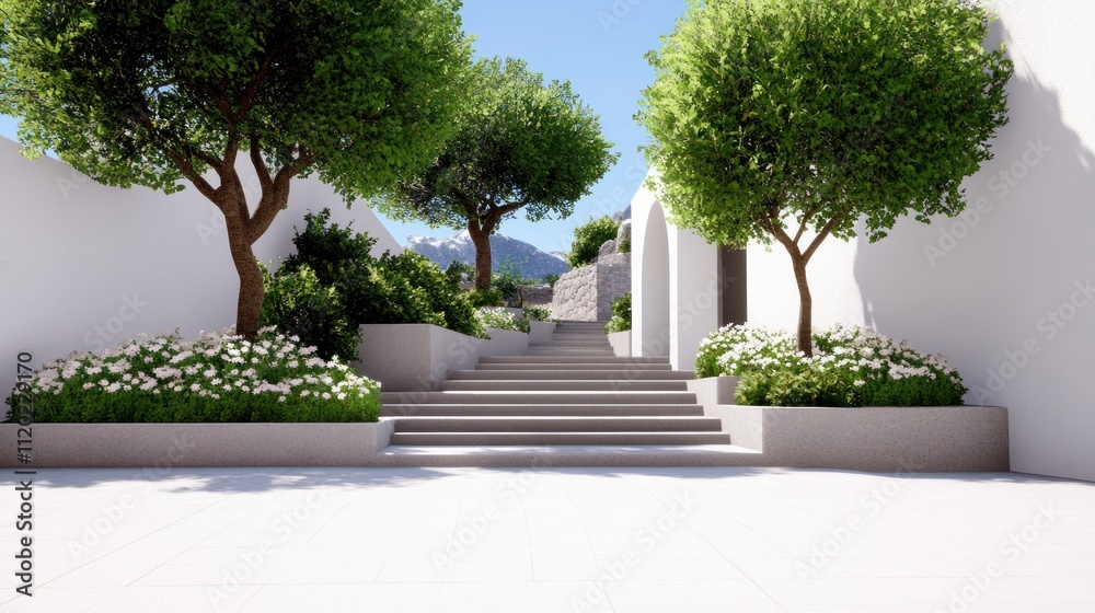Fototapeta premium Serene pathway lined with trees and flowers in a tranquil setting.
