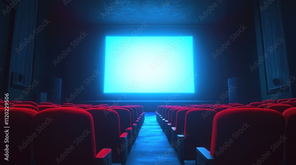 Empty Cinema Hall with Red Seats and Blue Screen, Evoking Anticipation for a Captivating Movie Experience in a Dark and Atmospheric Setting Empty Cinema Hall with Red Seats and Blue Screen, Evoking Anticipation for a Captivating Movie Experience in a Dark and Atmospheric Setting