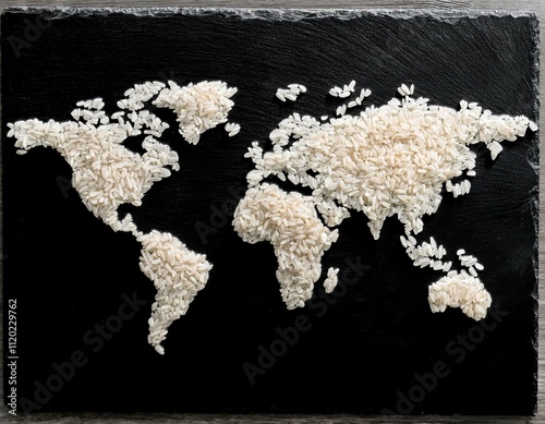 World Map with Americas, Asia, Africa, Europe, and Australia Shaped with Rice on Slate Plate Highlighting Food Scarcity