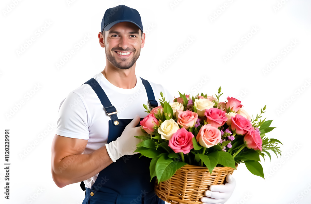 a male florist in a white T-shirt and grey overalls smiles and holds a wicker basket with a bouquet of flowers on a white background. a male florist in a white T-shirt and grey overalls smiles and holds a wicker basket with a bouquet of flowers on a white background.
