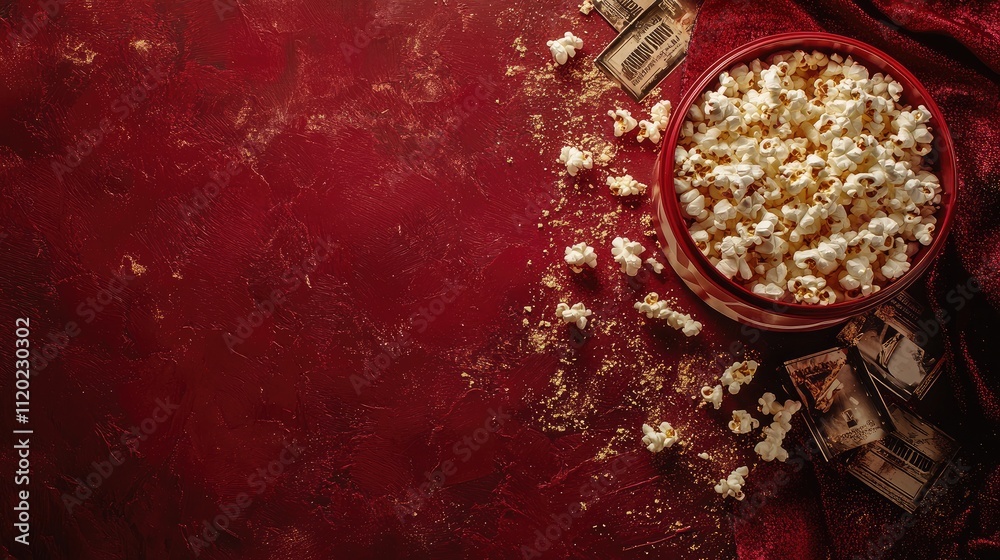 Delicious Fresh Popcorn in a Red Bowl on a Rich Burgundy Background with Vintage Movie Tickets and Messy Kernels for a Cinematic Experience Delicious Fresh Popcorn in a Red Bowl on a Rich Burgundy Background with Vintage Movie Tickets and Messy Kernels for a Cinematic Experience