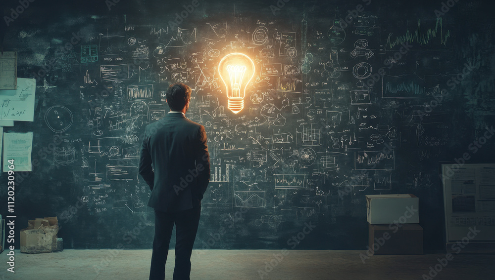 A man in business clothes stands in front of a whiteboard covered with complex graphs and diagrams. A glowing light bulb hangs above his head, symbolizing a moment of innovation or idea generation A man in business clothes stands in front of a whiteboard covered with complex graphs and diagrams. A glowing light bulb hangs above his head, symbolizing a moment of innovation or idea generation
