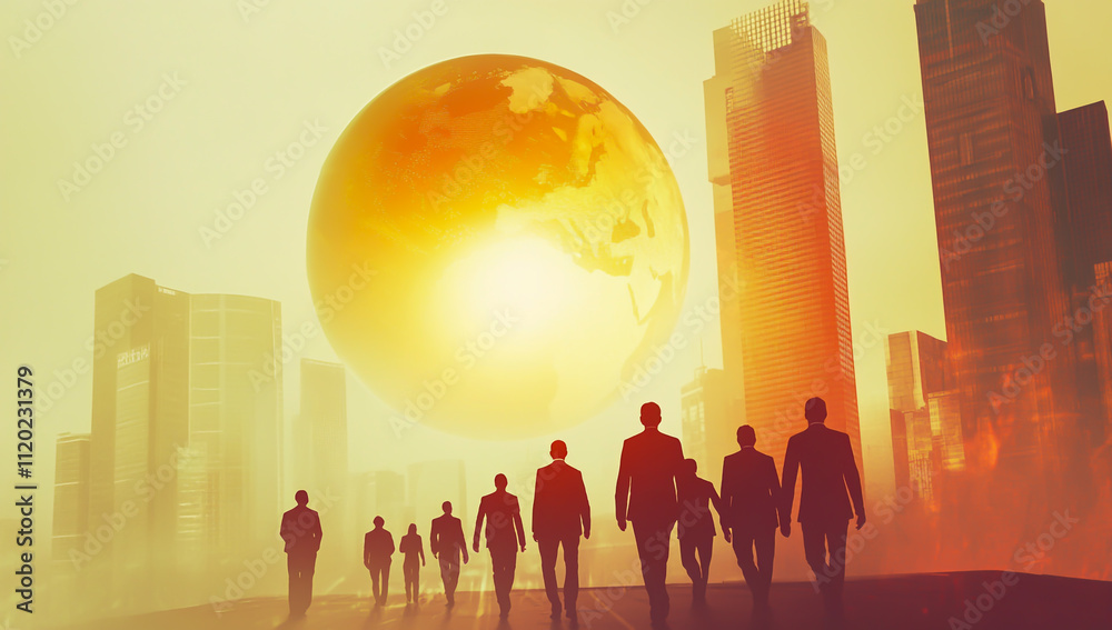 Naklejka premium A group of business people walk with a globe and building in the background