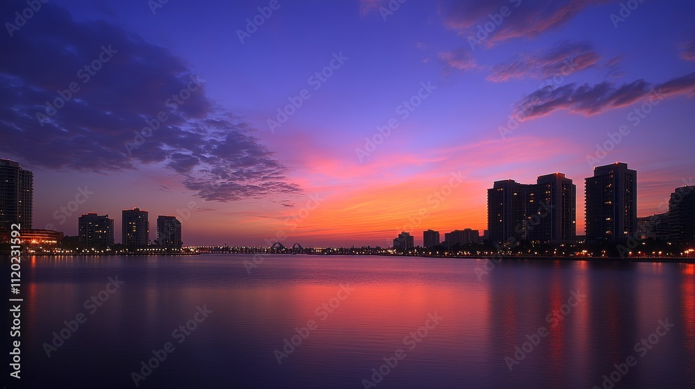 Fototapeta premium A serene sunset over a calm lake, reflecting colorful skies and silhouettes of city buildings.
