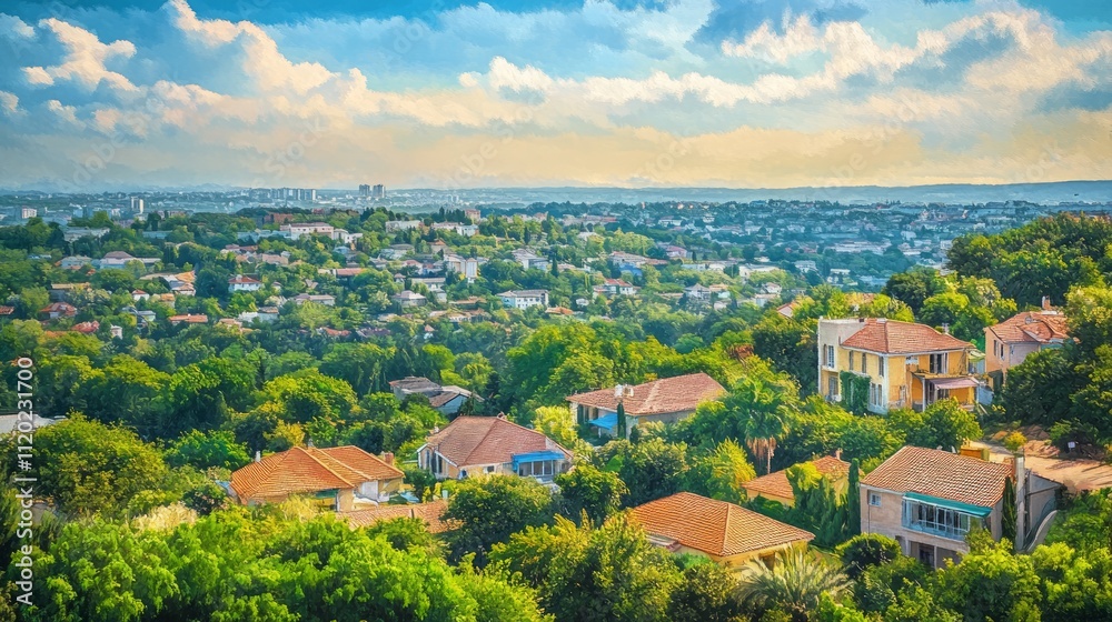 Fototapeta premium Panoramic view of a residential area nestled in lush greenery, under a vibrant sky.