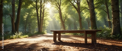 A serene wooden bench is placed among tall trees with dappled sunlight filtering through the leaves, outdoor decor , peaceful atmosphere