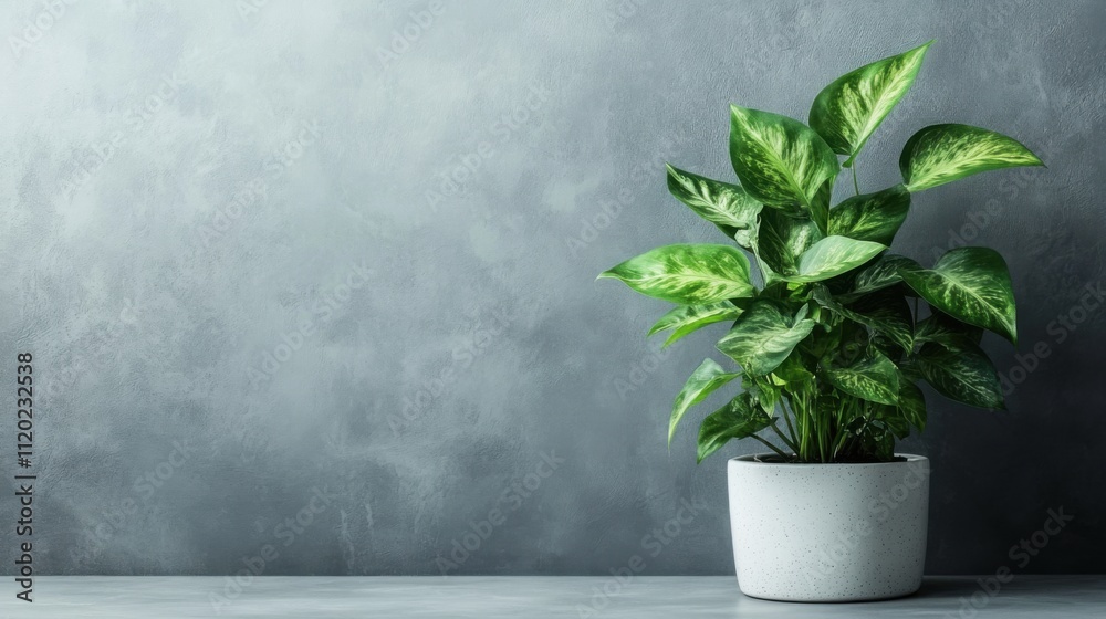 A vibrant plant with glossy, arrow-shaped leaves sits in a contemporary white pot, enhancing the minimalistic aesthetic of a well-lit indoor space with a gray backdrop A vibrant plant with glossy, arrow-shaped leaves sits in a contemporary white pot, enhancing the minimalistic aesthetic of a well-lit indoor space with a gray backdrop