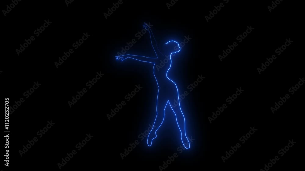Glowing neon line neon lady silhouette sign animated overlay on black.Dance, sport, active lifestyle, professional dancer. Laser neon logo Glowing neon line neon lady silhouette sign animated overlay on black.Dance, sport, active lifestyle, professional dancer. Laser neon logo