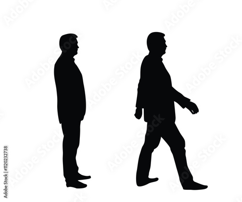 Silhouette of Business Man Standing and Walking Side View. People going to work and other everyday activities vector art