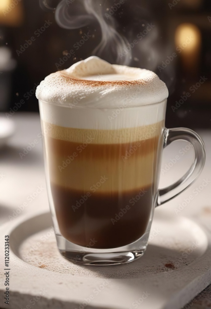 High-quality image of a steaming espresso shot topped with thick layer of white foamy crema, milk, coffee beans High-quality image of a steaming espresso shot topped with thick layer of white foamy crema, milk, coffee beans