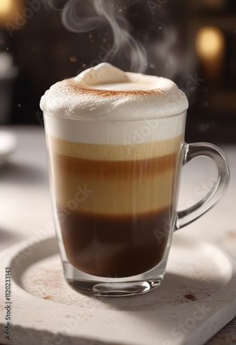 High-quality image of a steaming espresso shot topped with thick layer of white foamy crema, milk, coffee beans