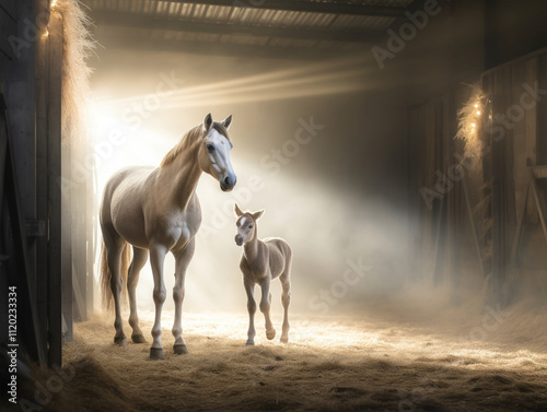 A horse and a foal in a barn, surrounded by darkness and shadows