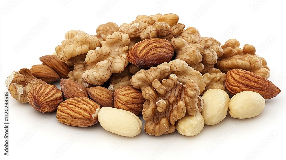 Assorted mixed nuts including walnuts, almonds, and hazelnuts isolated on white background