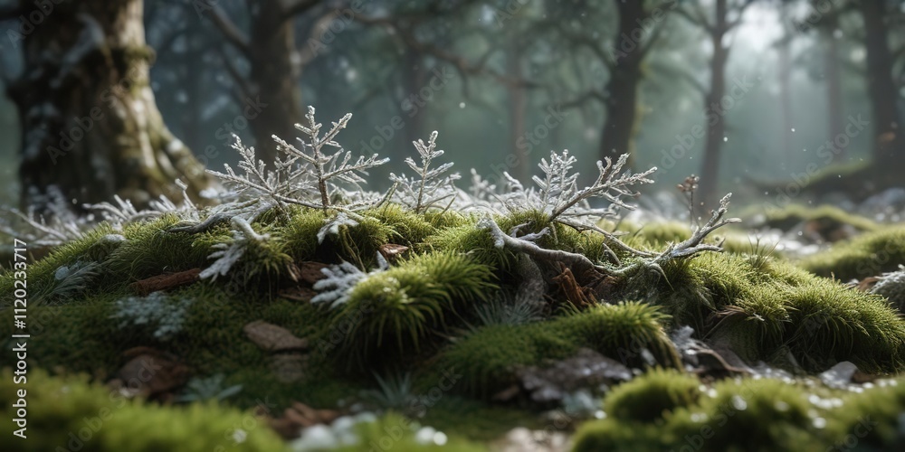 Snowflakes gently falling from the sky onto the moss-covered ground and branches of a tree, tree, falling, gentle