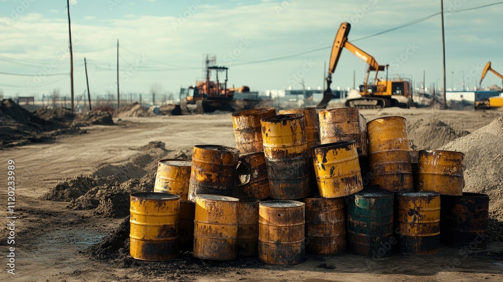 A pile of oil barrels at a construction site, with heavy machinery visible in the distance. A pile of oil barrels at a construction site, with heavy machinery visible in the distance.