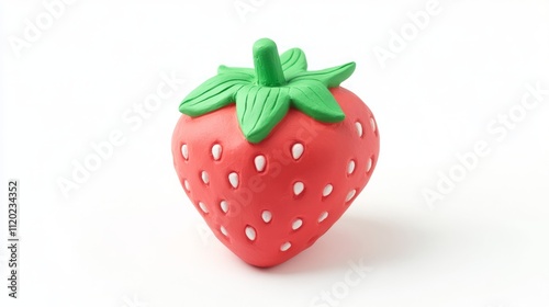 Red clay model of strawberry with green leaves on white background.