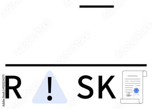 Word RISK with exclamation point replacing the I, beneath horizontal line and above document scroll. Ideal for business, strategy, caution, finance, legal, compliance warning. Line metaphor
