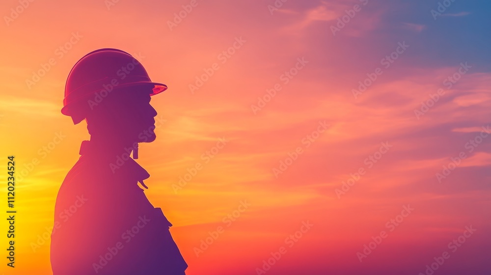 Silhouette of young asian male worker in hard hat against vibrant sunset sky Silhouette of young asian male worker in hard hat against vibrant sunset sky