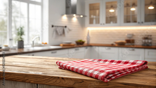 Red Gingham Tablecloth on Wooden Kitchen Counter