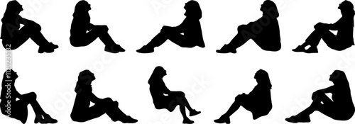 set of silhouette woman sitting vector. transparent background