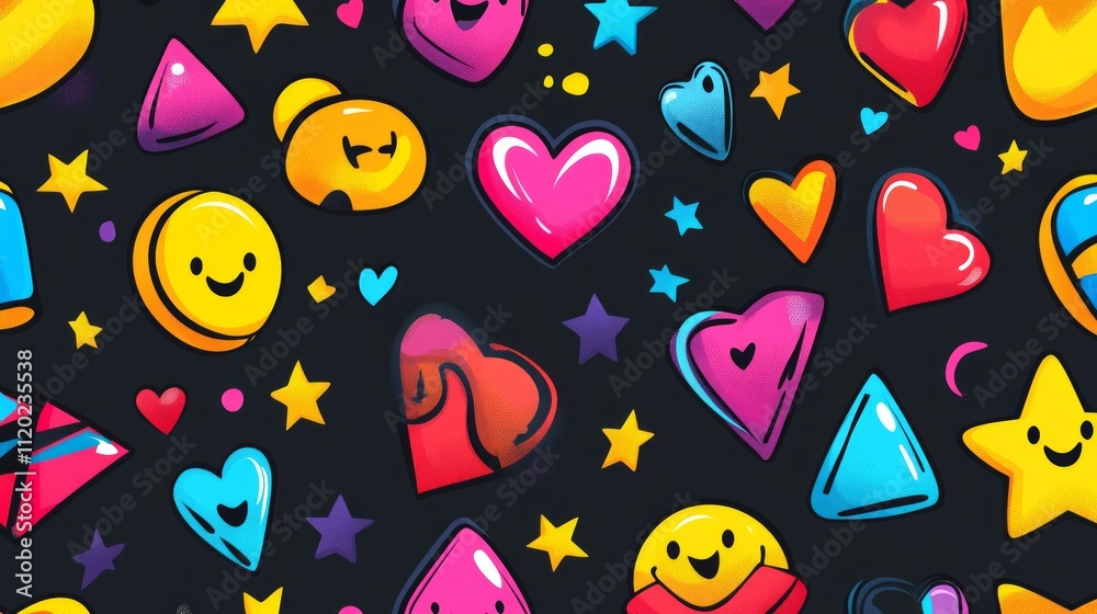 Seamless pattern with colorful hearts, stars, and smiley faces on a dark background. Seamless pattern with colorful hearts, stars, and smiley faces on a dark background.