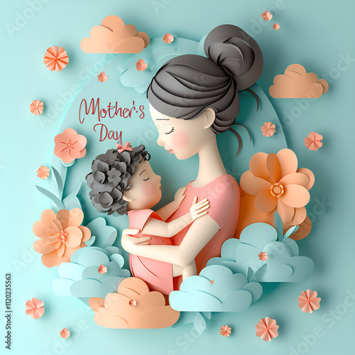 mother's day, illustration of a mother holding a baby in her arms on a blue background with flowers, bright floral background