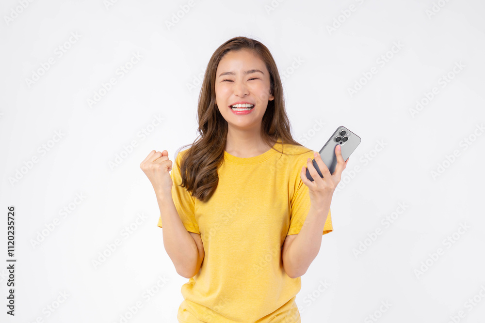 smartphone with a winning gesture, expressing happiness and excitement, isolated on a white background - concept of success and good news smartphone with a winning gesture, expressing happiness and excitement, isolated on a white background - concept of success and good news