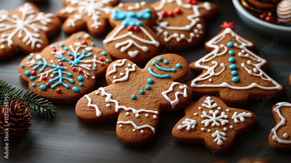 Four Christmas tree shaped cookies light brown with teal icing and pink decorations on a silver plate.